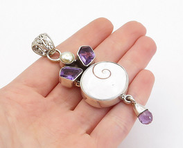 925 Sterling Silver - Vintage Shiva Eye Shell Amethyst &amp; Pearl Pendant - PT3104 - £56.06 GBP