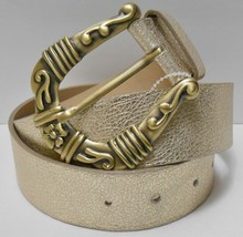 Garuglieri Vtg Women&#39;s Italian Leather Belt Shiny Gold Tone + Huge Buckle L - £39.58 GBP
