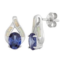 Sterling Silver White Inlay Opal w/ Large Blue Oval CZ Earrings - £51.83 GBP