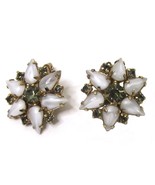 Vintage White Glass Crystal Flower Earrings Clip On Starburst Rhinestone... - £23.79 GBP