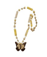 VTG Hand Carved Yellow Cream Agate Enamel Butterfly Pendant Necklace Mid... - £38.05 GBP