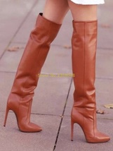 Knee High Leather Women Boots Sexy Pointed Toe Thin High Heel Solid Brown Beige  - £154.00 GBP