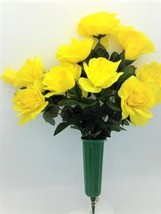 Cemetery Silk Flower Vase YELLOW Open Rose Bouquet - £31.00 GBP