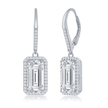 Sterling Silver Emerald-Cut CZ with CZ Border Dangle Earrings - £54.66 GBP