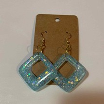 Handmade epoxy resin square dangle earrings - light blue holographic glitter - £6.31 GBP