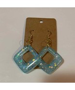 Handmade epoxy resin square dangle earrings - light blue holographic gli... - £4.97 GBP