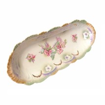 Scalloped Ceramic Oblong Rose Painted Lusterware Dish Bowl Germany Vintage Nice - £13.34 GBP