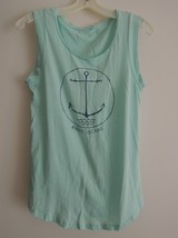 Ladies Top Size S Rhode Island Souvenir Navy Blue Anchor on Aqua Green T Shirt - £9.19 GBP