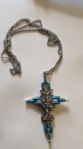 Necklace Cross Pendant Faux Turquoise Religious Ornate Silver Tone Vintage - £14.24 GBP
