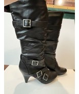 SM Knee High Slouch Boots, Strappy Buckle Accent, Black Low Heel Size 7 ... - $22.99