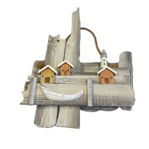 Wood Seascape Wall Hanging Lighthouse Boat Houses Gray White Distressed ... - $49.54