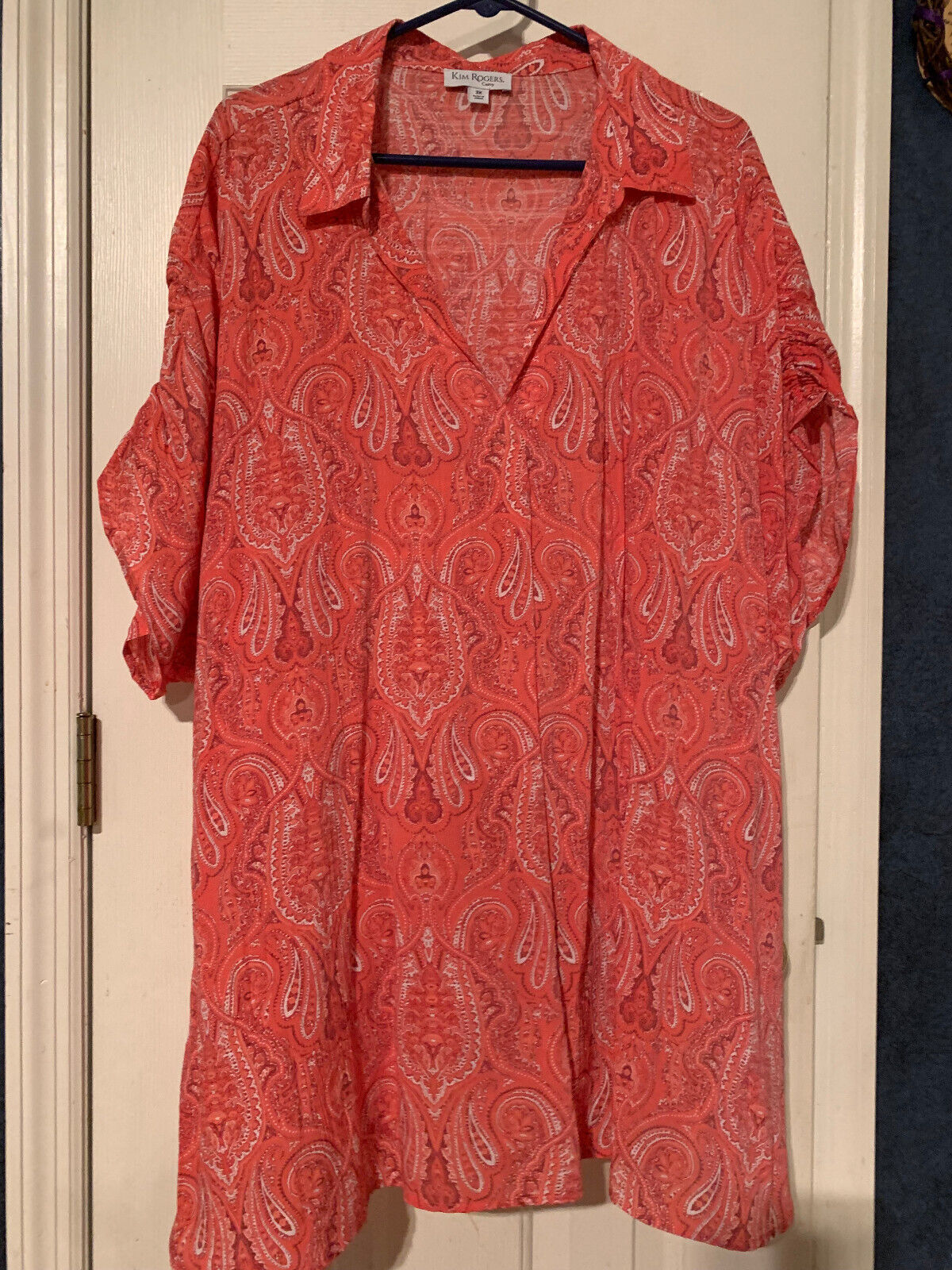 Primary image for NWT - Kim Rogers Curvy Size 3X Coral Paisley Print Short Sleeve V-Neck Blouse