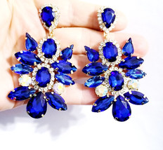 Rhinestone Clip On Earrings, Chandelier Drop Earrings, Blue Pageant Earrings, Gi - £36.58 GBP