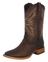 Mens Western Cowboy Boots Brown Leather Woven Square Toe Botas Vaquero Tejida - £159.28 GBP