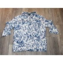 Blue Floral with Bird Button Down Blouse Cotton Shirt Short Sleeve Size ... - £14.38 GBP