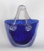 VTG Iridescent Cobalt / Royal Blue Clear Handles Handblown 7&quot; Tall Purse Decor - £14.38 GBP