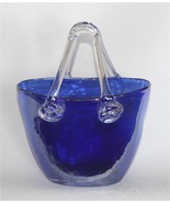 VTG Iridescent Cobalt / Royal Blue Clear Handles Handblown 7&quot; Tall Purse... - $17.99