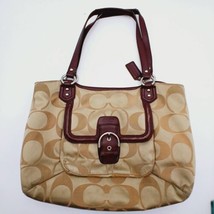 Coach Tan Canvas Signature Logo Large Shoulder Bag With Plum Leather Acc... - $37.39