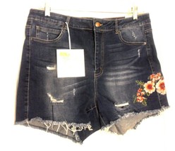 Wax Jeans Dark Blue Denim Jean Shorts w/Embroidery &amp; Frayed Edges Size 3XL - £27.58 GBP