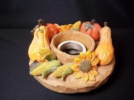 Home Interiors Autumn Pumpkins corn candle capper stay on carved wood look 4&quot; - £10.78 GBP