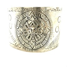 Vtg Sterling Signed Maciel Made in Mexico Aztec Mayan Sun Wide Cuff Bracelet 7 - £154.31 GBP