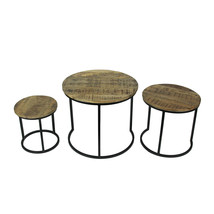 Set of 3 Iron &amp; Wood Round Nesting End Tables Rustic Accent Furniture Home Decor - £154.41 GBP