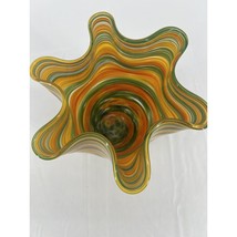 Hand Blown Art Glass Vase Yellow 7&quot; Green Yellow Orange Swirl Murano Sty... - £36.00 GBP