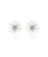 Silvertone Rhodium Plated Brass Cats Eye and Cubic Zirconia Flower Earri... - $33.00