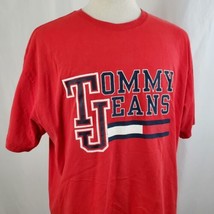 Vintage Tommy Jeans Hilfiger T-Shirt XL Red Crew TJ Spell Out Graphic Cotton 90s - £21.29 GBP