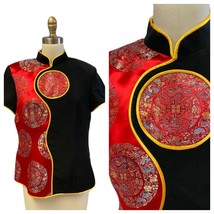 Womens Vintage Asian style Top Red Satin Damask/Black/Yellow Piping M/L 80s - $70.69