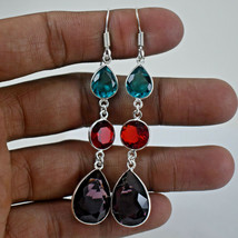 Sterling Silver Amethyst &amp; Topaz Gemstone Handmade Lovely Women Earrings Gift - £33.98 GBP