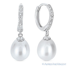 Cultured Pearl 0.04ct Diamond 14k White Gold Dangling Hoop Post Ladies Earrings - £213.92 GBP