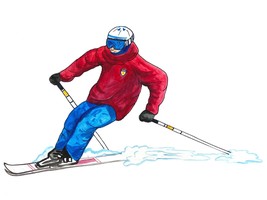 Snow Skier in Red Coat Mountain Slope Skiing Alpine Ski - $6.95+