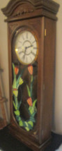Vintage 70&#39;s 37&quot; Pendulum Clock Chime Wood Tiffany Style Stained Glass Front Key - £428.85 GBP