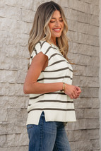 Brown Stripe Side Slits Crewneck Short Sleeve Sweater Tee - $256.83 MXN