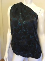 Lanvin Blue Black Green Silk Heart Print One Shoulder Blouse Top FR38 6 ... - £234.67 GBP