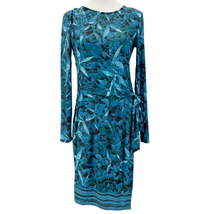 H Halston Womens S Wrap Front Dress Peacock Teal Geometric Leaves Long Sleeve  - £33.13 GBP