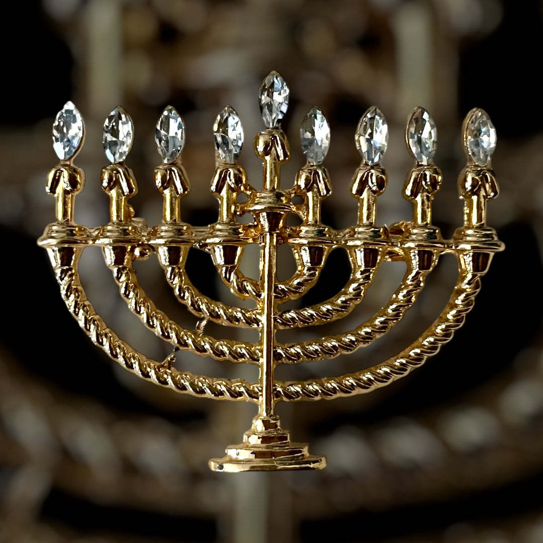 Sparkling Menorah Gold Rhinestone Brooch - Elegant Faux Diamond Pin for Stylish