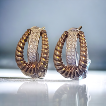 Vintage 925 Sterling Silver Gold Plated Ribbed Textured CZ Pave Post Earrings - £14.76 GBP