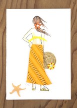 Orange Print Sarong Gal with Straw Hat and Purse Greeting Card - £5.59 GBP