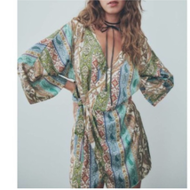Zara Satin Effect Romper Green Size L Paisley Wrap Shorts Romper Kimono Sleeve - £46.41 GBP
