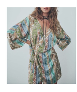 Zara Satin Effect Romper Green Size L Paisley Wrap Shorts Romper Kimono Sleeve - $59.43