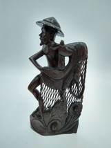 Balinese Carved Wood Figurine Statue Fisherman Hauling Net Indonesian 12.5&quot; - £56.70 GBP