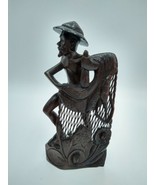 Balinese Carved Wood Figurine Statue Fisherman Hauling Net Indonesian 12.5&quot; - £56.28 GBP