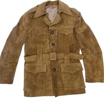 VTG 70s M Western Heavy Suede Utility Coat Belted Trench Pockets Tan Brown Sz S - £116.80 GBP