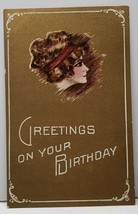 Lovey Lady Profile with Golden Finish Birthday  Greetings Postcard F20 - $4.95