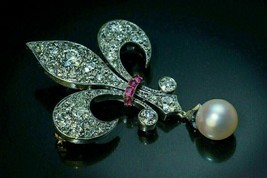 2Ct Imitación Diamante Perla &amp; Rubí Elegante Broche 14k Bañado en Oro Bl... - £116.28 GBP