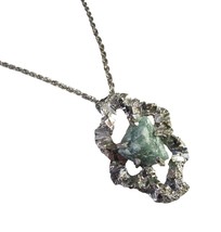 Aventurine Green Rock Silver Nugget Necklace Gem Stone Pendant  24&quot; Chain - $29.69