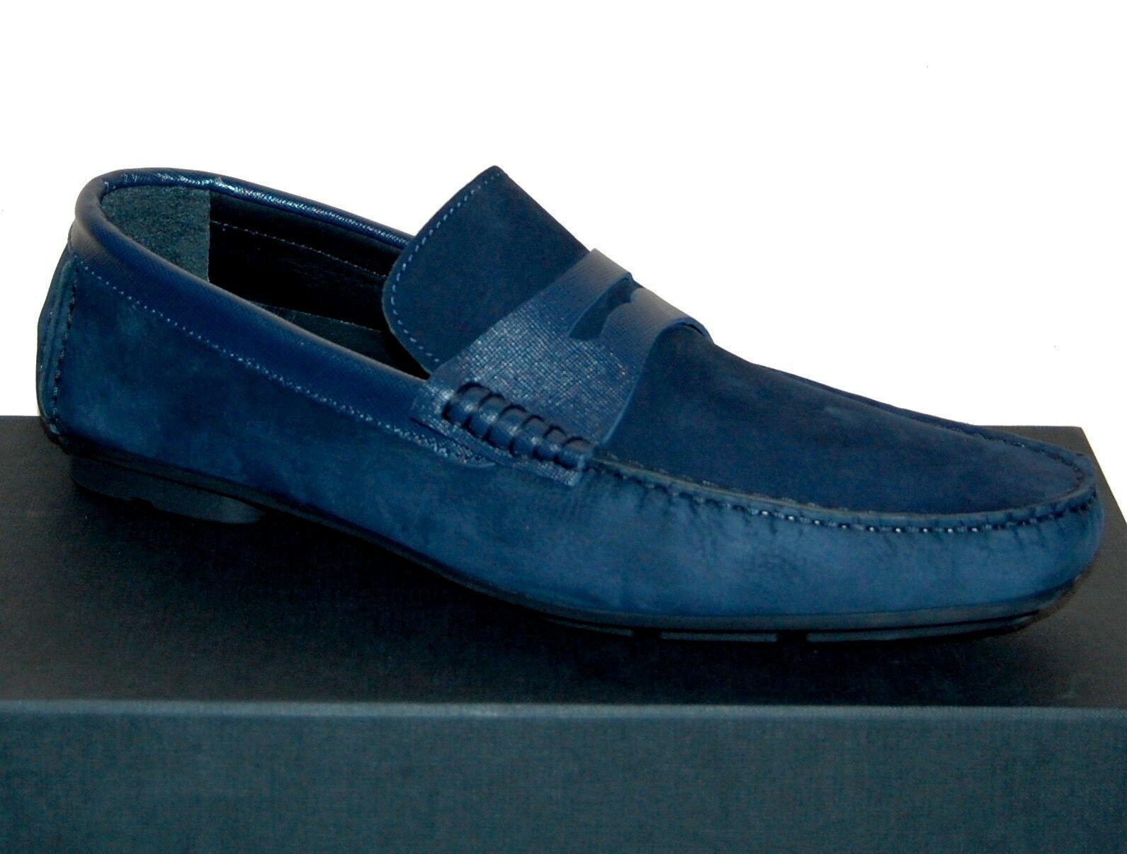 New Blue Color Handmade Men Stylish Apron Toe Leather Moccasin Loafer Slip Ons S