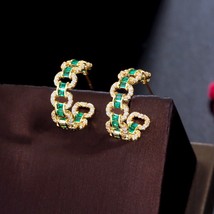 Popular Cuban Link Design Green Cubic Zircon Round Hoop Earrings Brazilian Gold  - £16.66 GBP
